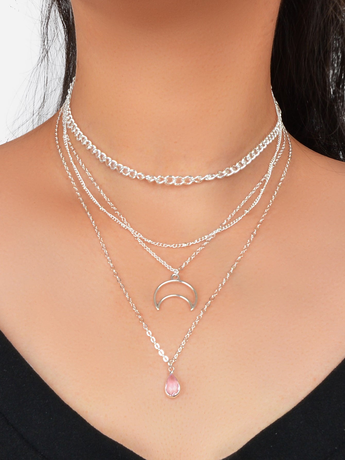 Multi-layer Gold Tone Chain Moon Water Drop Pendant Necklace Girls Party Jewelry-5