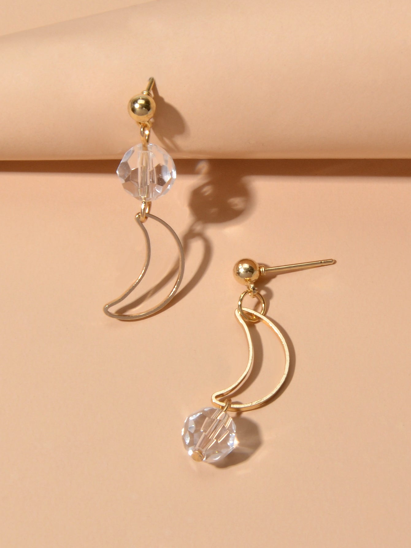 Minimalist Gold Metal Moon Star Transparent Beads Asymmetric Pierced Earrings-3