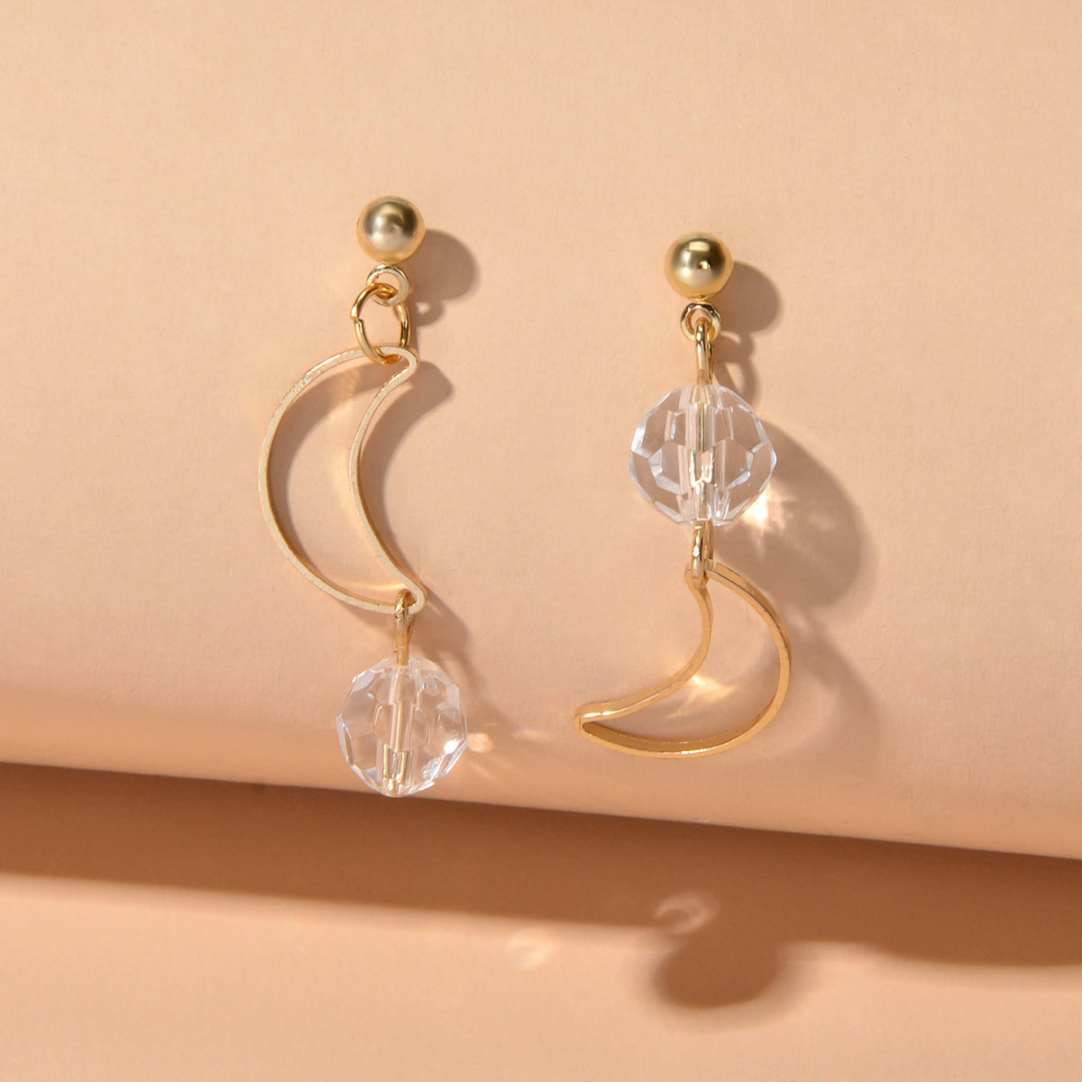 Minimalist Gold Metal Moon Star Transparent Beads Asymmetric Pierced Earrings-0