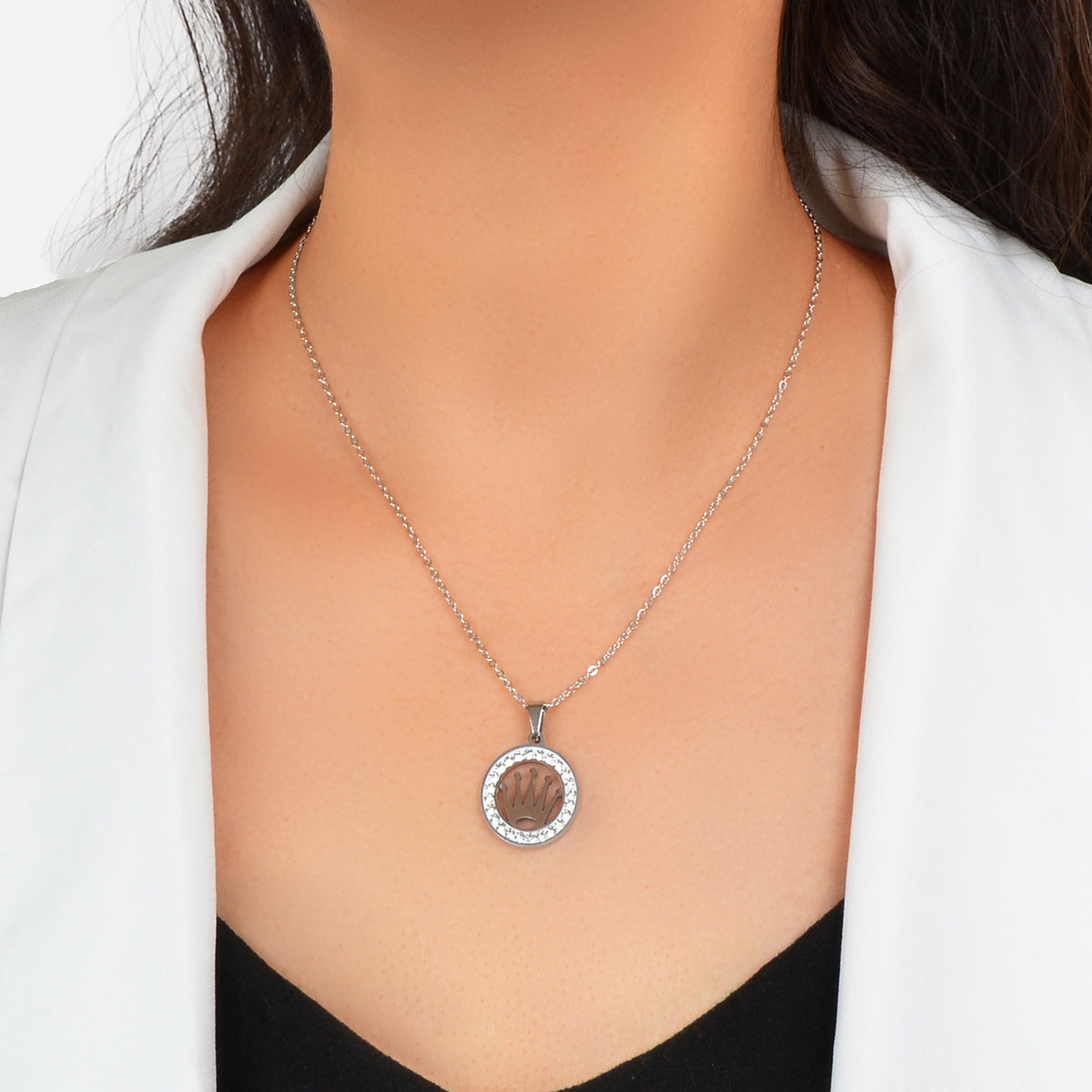 Silver Crown Circle Pendant Necklace