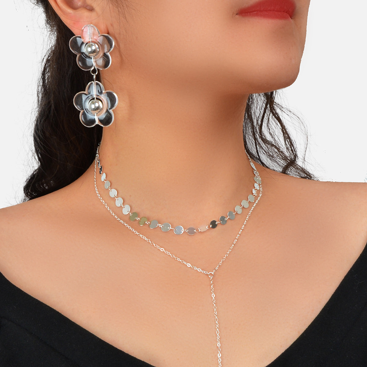 Tassel Necklace and Flower Earring Set