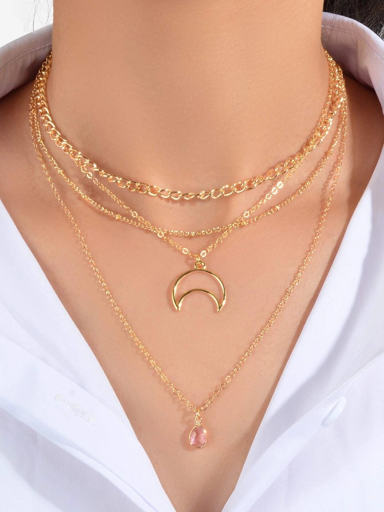 Multi-layer Gold Tone Chain Moon Water Drop Pendant Necklace Girls Party Jewelry-0