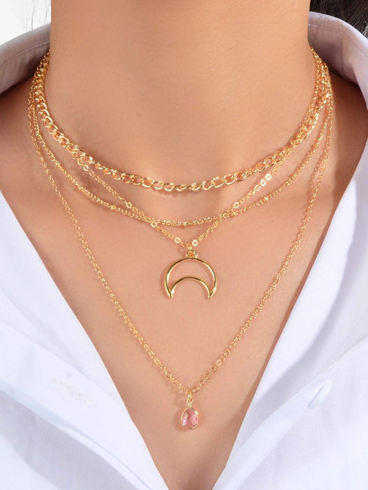 Multi-layer Gold Tone Chain Moon Water Drop Pendant Necklace Girls Party Jewelry-0