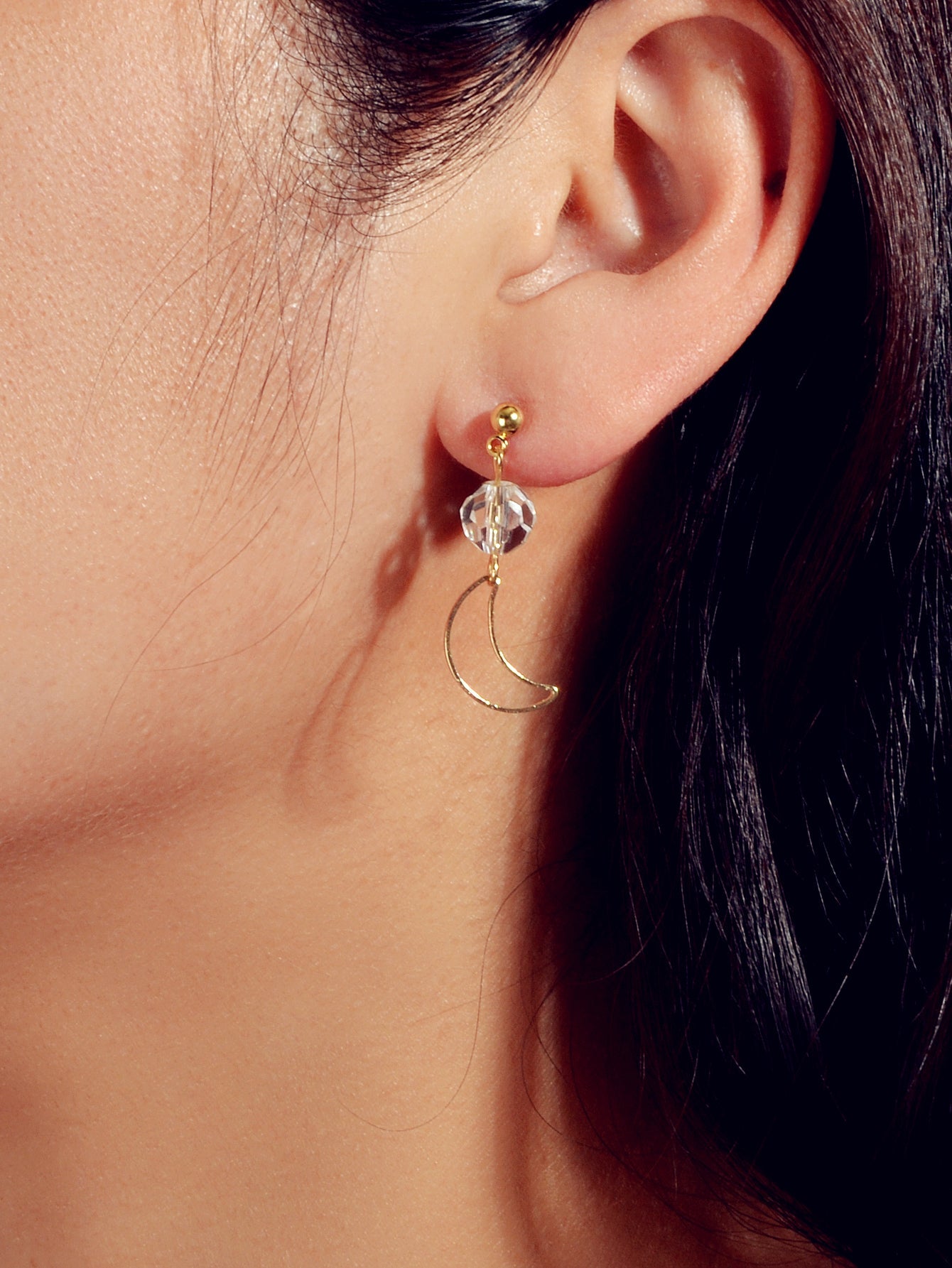 Minimalist Gold Metal Moon Star Transparent Beads Asymmetric Pierced Earrings-1