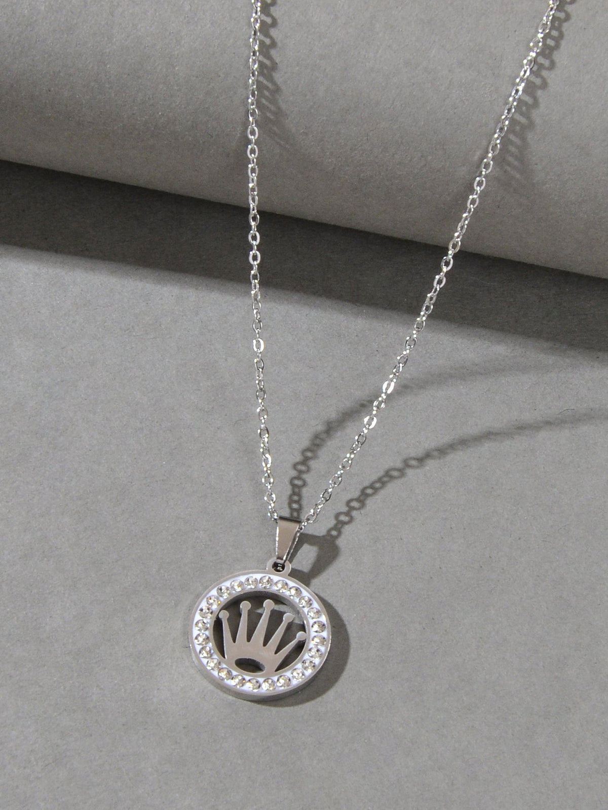 Silver Crown Circle Pendant Necklace – image 3