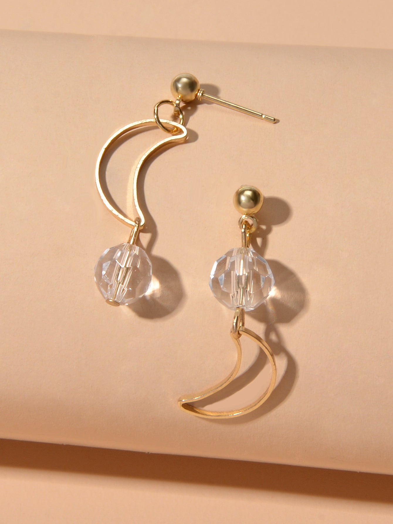 Minimalist Gold Metal Moon Star Transparent Beads Asymmetric Pierced Earrings-2