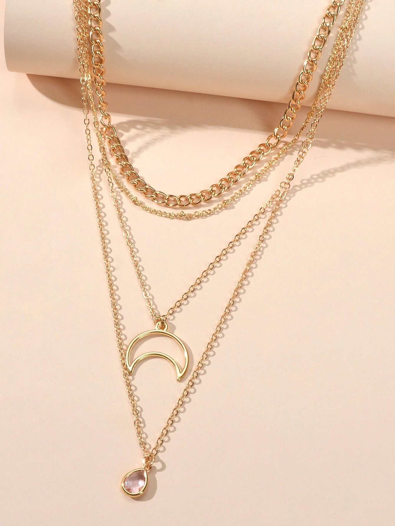 Multi-layer Gold Tone Chain Moon Water Drop Pendant Necklace Girls Party Jewelry-2