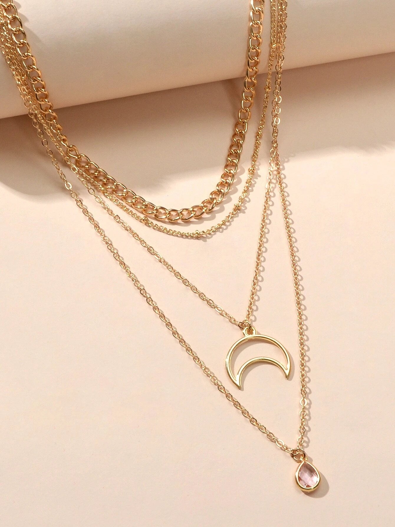 Multi-layer Gold Tone Chain Moon Water Drop Pendant Necklace Girls Party Jewelry-3