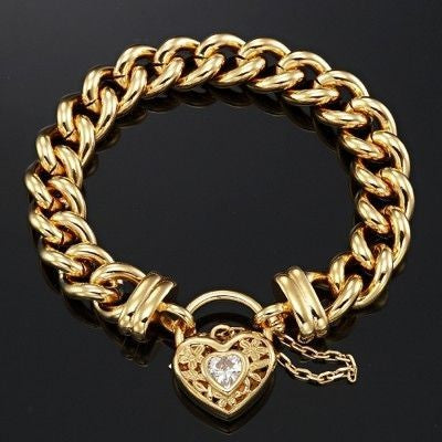 18ct Heavy Yellow Gold Plated 12mm Euro Curb Chain Bracelet with a Filigree Locket Featuring a Simulated Diamond - USA Made