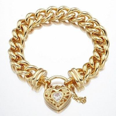 18ct Heavy Yellow Gold Plated 12mm Euro Curb Chain Bracelet with a Filigree Locket Featuring a Simulated Diamond - USA Made
