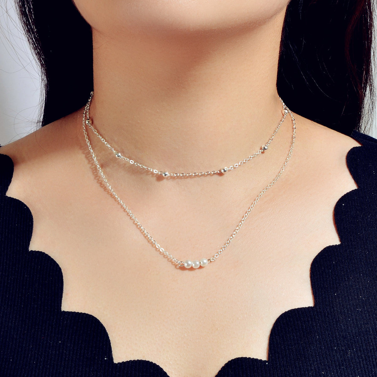 Pearl and Bead Layering Necklaces, set of 2