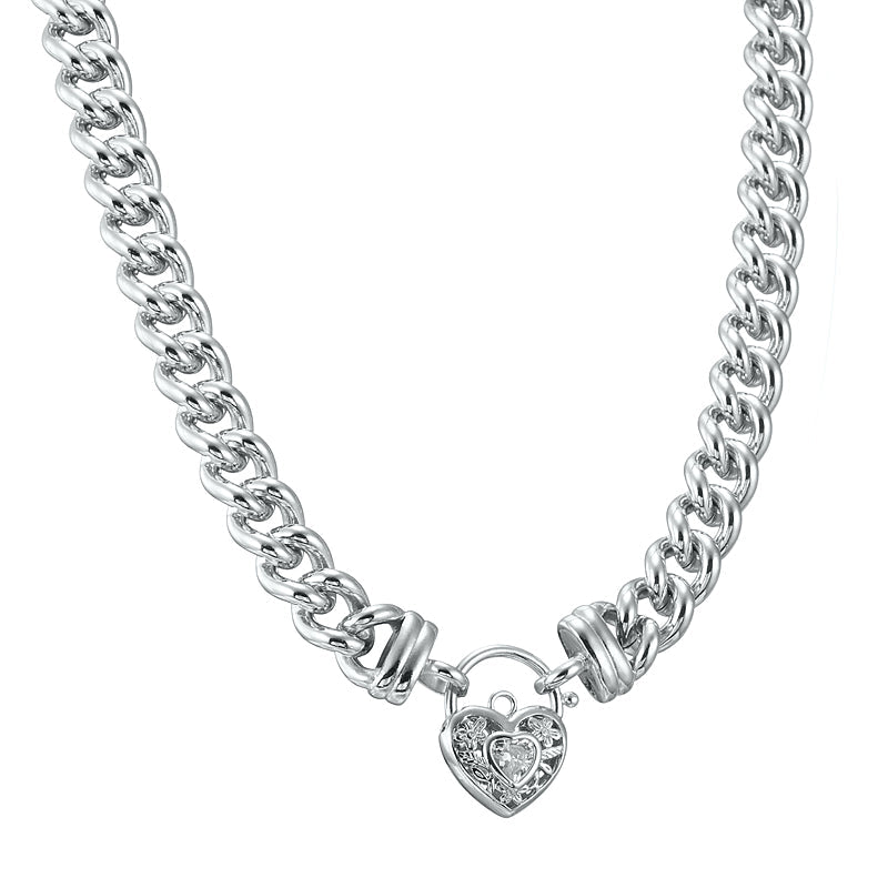 925 Sterling Silver Plated Euro Chain Necklace with a Filigree Locket Featuring a Simulated Diamond - USA Made
